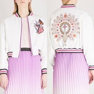 Maje Peacock Embroidered Satin Bomber Jacket White Small Casual Sporty Cropped